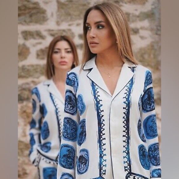 Zara ZW Collection Flowy Silky Button Down  Collar Shirt Blue White Oversized XS - Picture 9 of 11